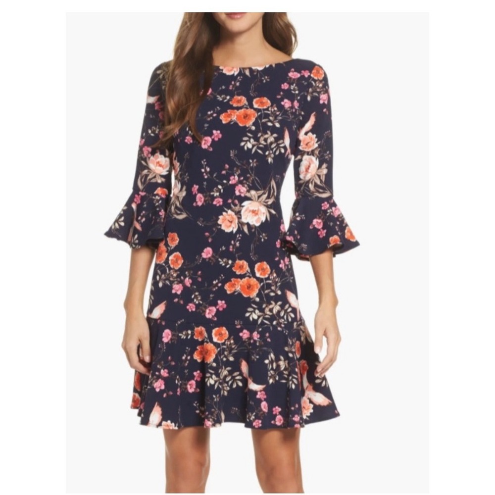 Eliza J Bird Floral Bell Sleeve Flounce Ruffle Hem Dress Navy Blue 14